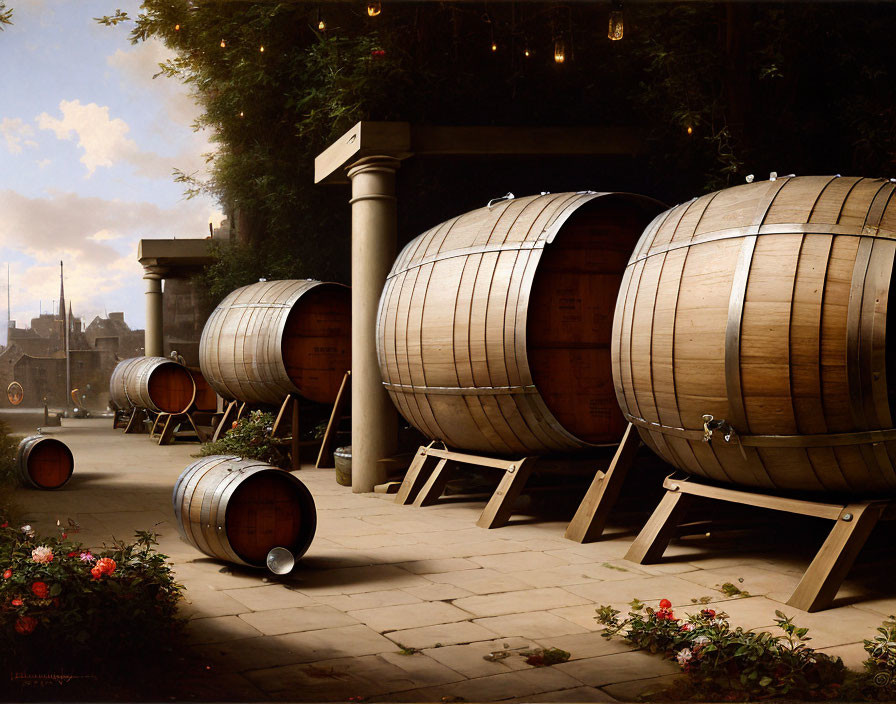 Old courtyard with wine barrels, flowers, column, and city skyline.
