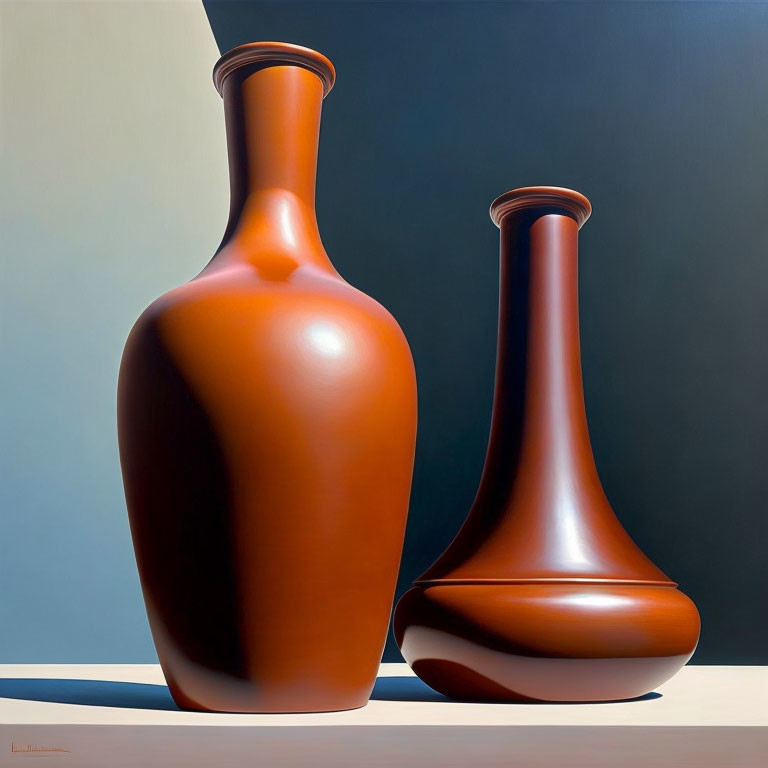 Elongated Orange Vases on Light Surface with Two-Tone Background