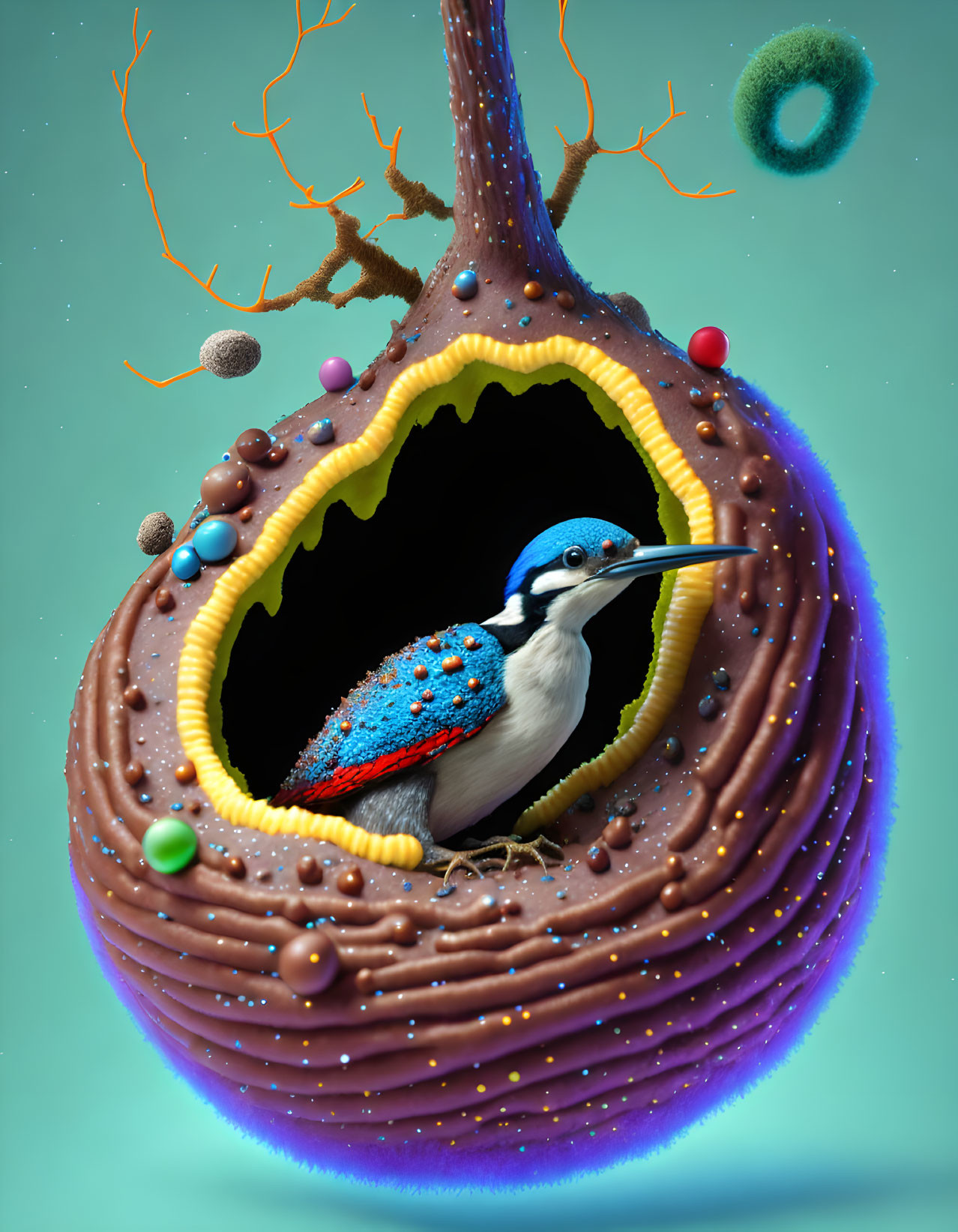 Woodpecker in a chocolate nest