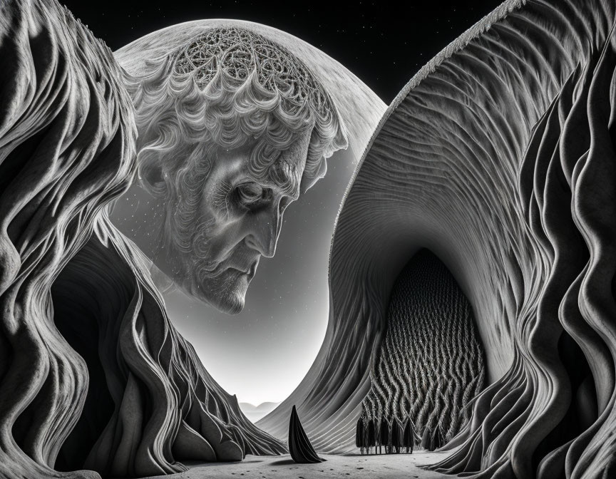 Monochrome surreal landscape with giant ethereal face above desert valley