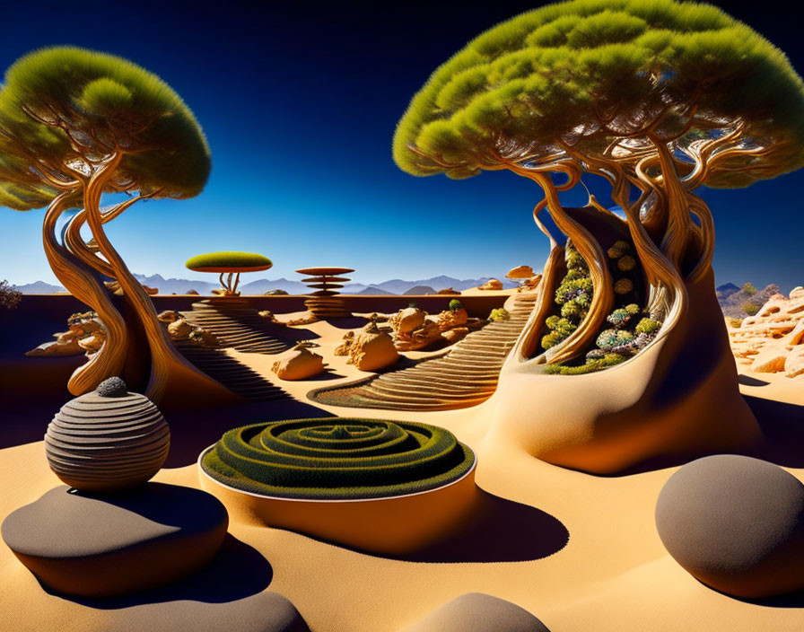 Whimsical surreal desert landscape with oversized trees and swirling patterns