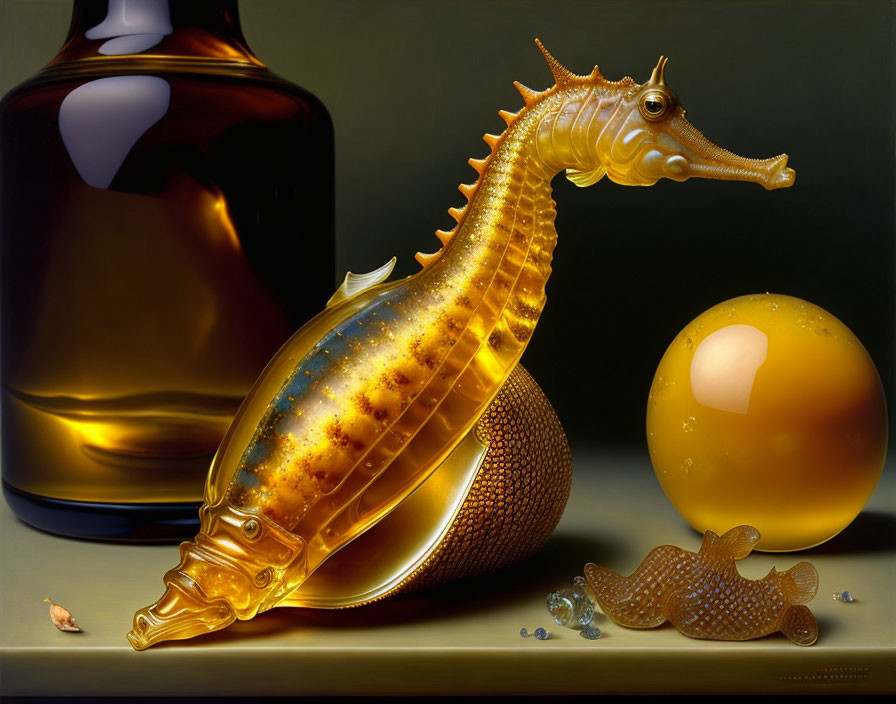 Surreal Artwork: Seahorse Bottle, Sphere, Star Object with Gems