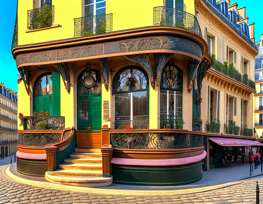 Picturesque Parisian Street Corner with Curved Building, Wrought-Iron Balcony, Green