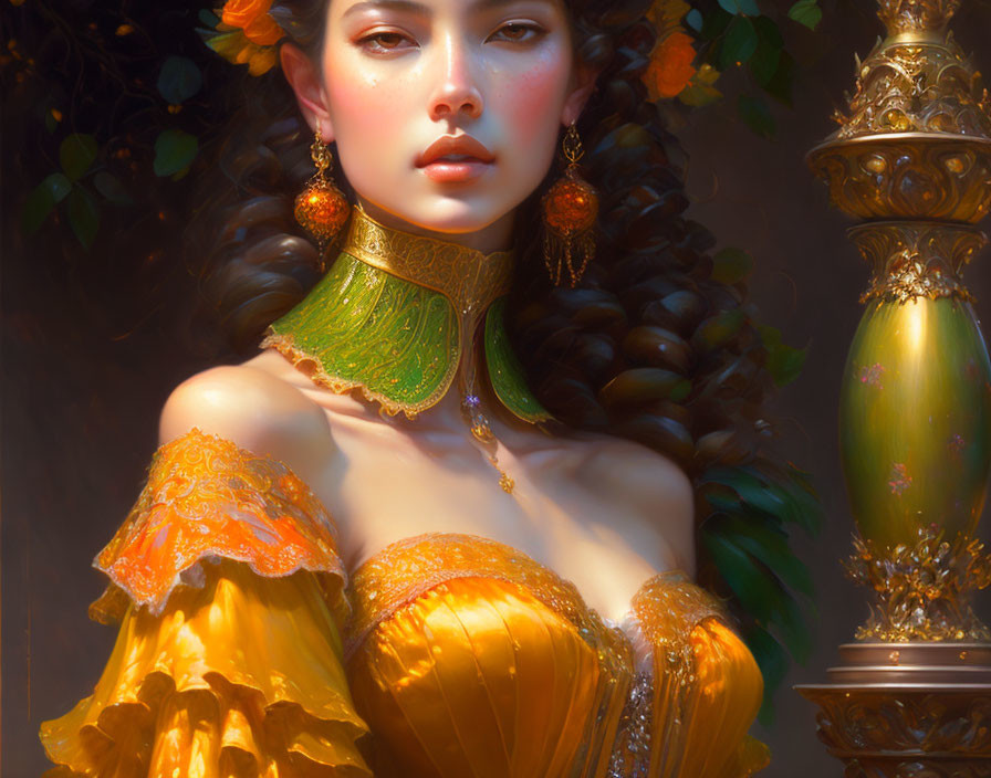 Intricately designed woman digital artwork with green choker and yellow dress