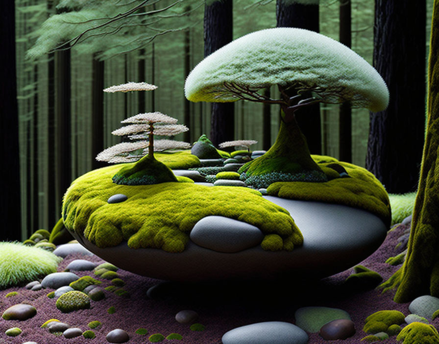 Surreal fantasy landscape with oversized mushrooms and moss in mystical forest