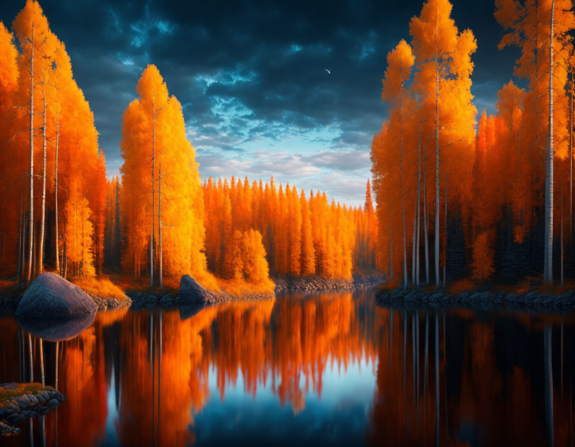 Scenic autumn forest with orange hues reflected in calm lake under blue sky