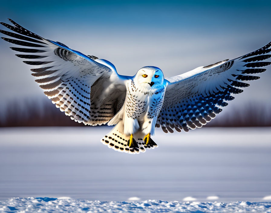 Snowy Owl Flying Over Snowy Landscape and Blue Sky