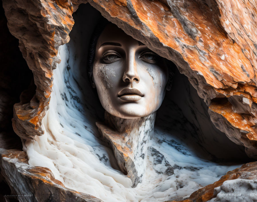 Surreal artistic installation: Woman's face in rocky crevice