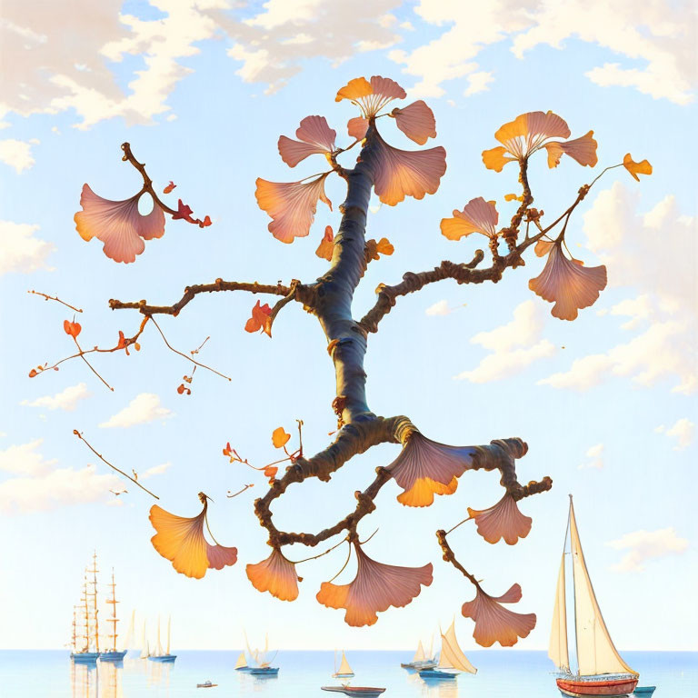 Whimsical tree with ginkgo-like leaves and sailboats on serene waters