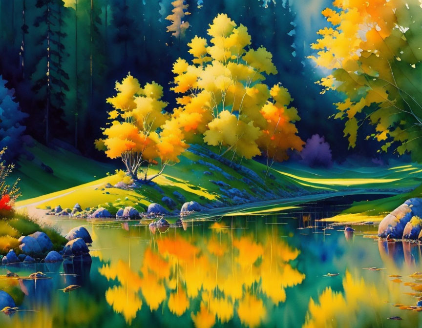 Tranquil lake with vibrant autumn trees and serene forest landscape