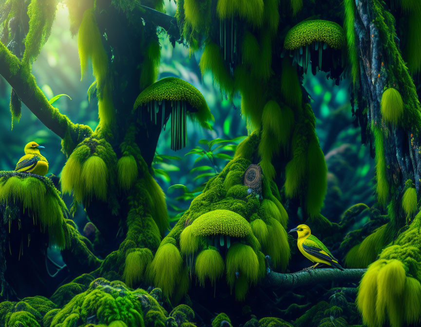 Mossy forest with yellow birds and soft light filtering through foliage