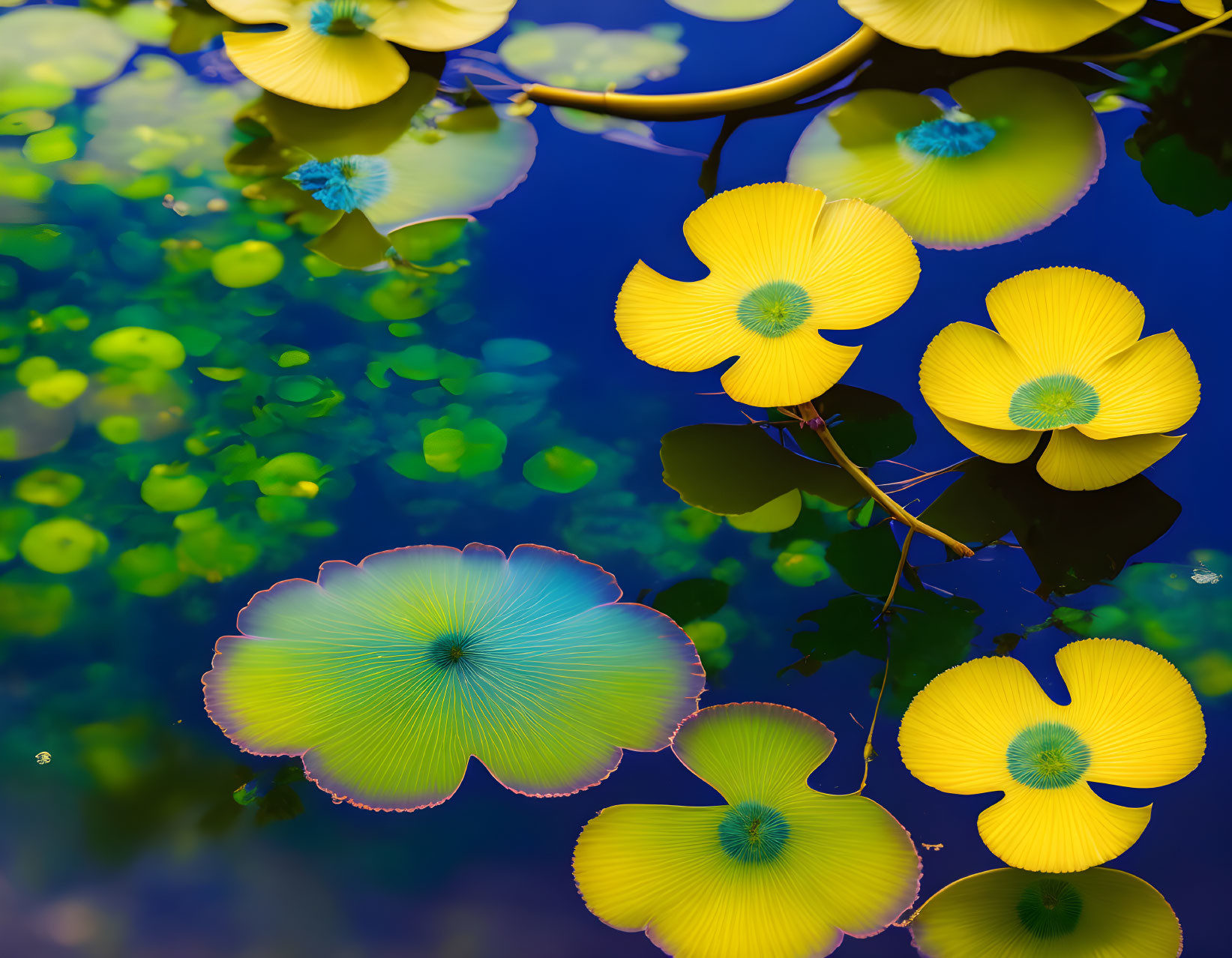 Yellow Water Lilies and Green Lily Pads on Blue Water Surface