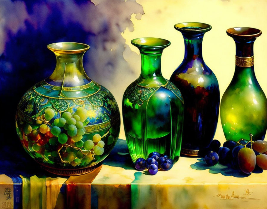 Colorful painting featuring four vases and grapes on a blended background