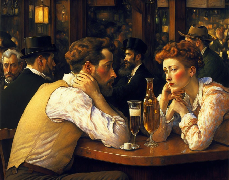 Pensive couple at busy bar with beer glass