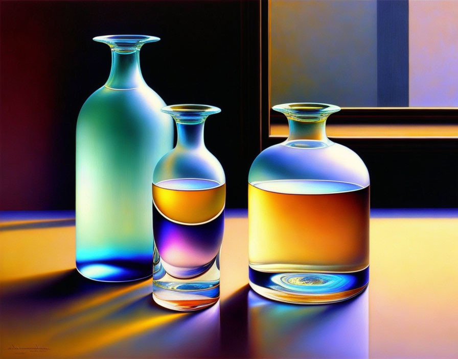 Colorful Glass Bottles Reflecting Light on Dark Background