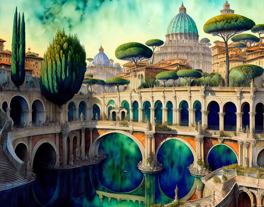 Surreal landscape featuring Roman aqueduct, lush vegetation, and floating islands