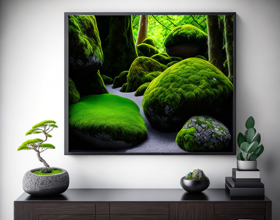 Spacious living room with large TV, moss-covered rocks photo, bonsai tree, and stacked stones