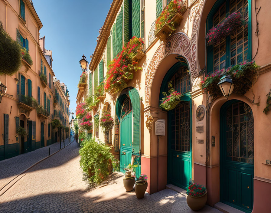 Colorful European Street with Green Shutters and Flower Boxes