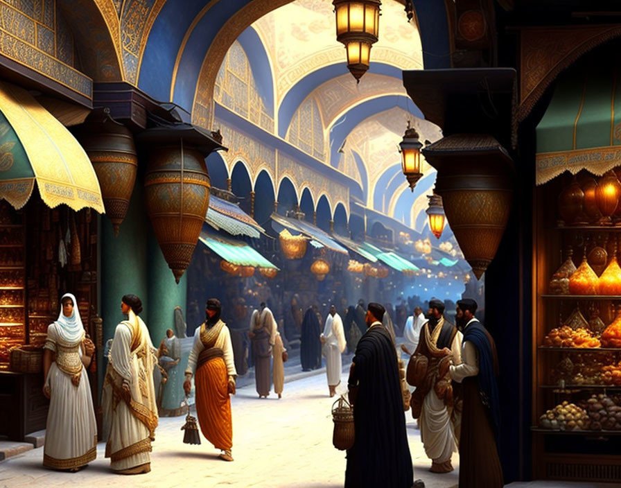 Traditional attire and lanterns in vibrant market setting with stalls and arches under blue dome