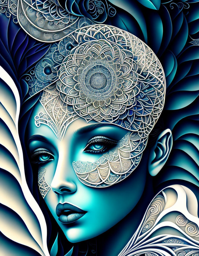 Intricate digital art: Woman with lace patterns, swirling blue and white motifs