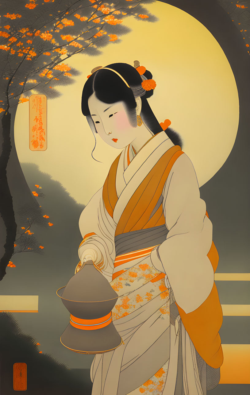 Traditional Japanese attire woman with teapot under full moon & cherry blossoms