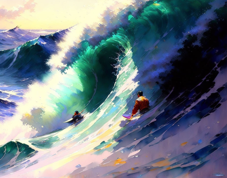 Surfers riding vibrant, towering ocean waves under sunlight.
