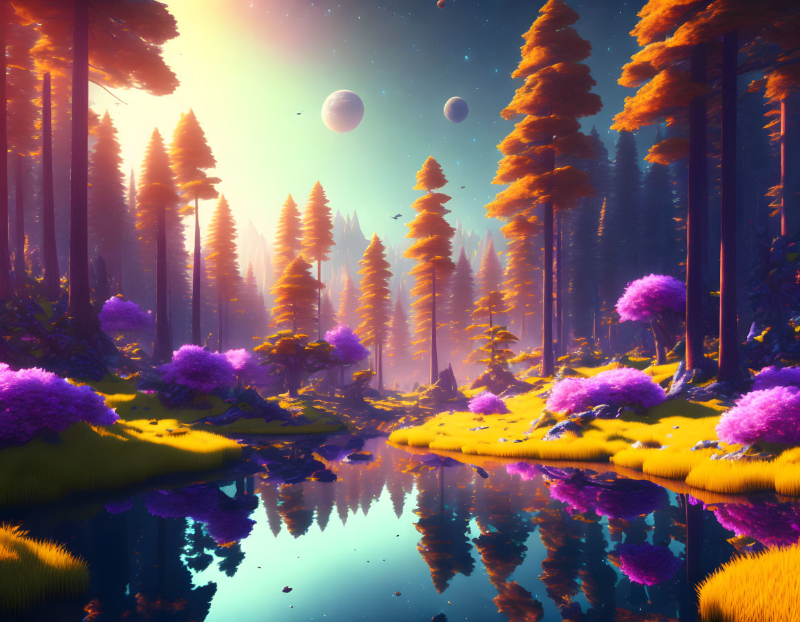 Colorful alien forest with golden trees, purple foliage, river, and bright sky planets