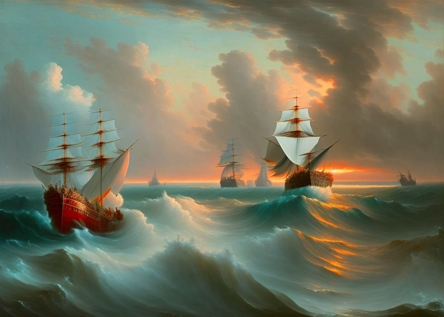 Old Spanish caravel fighting in the waves
