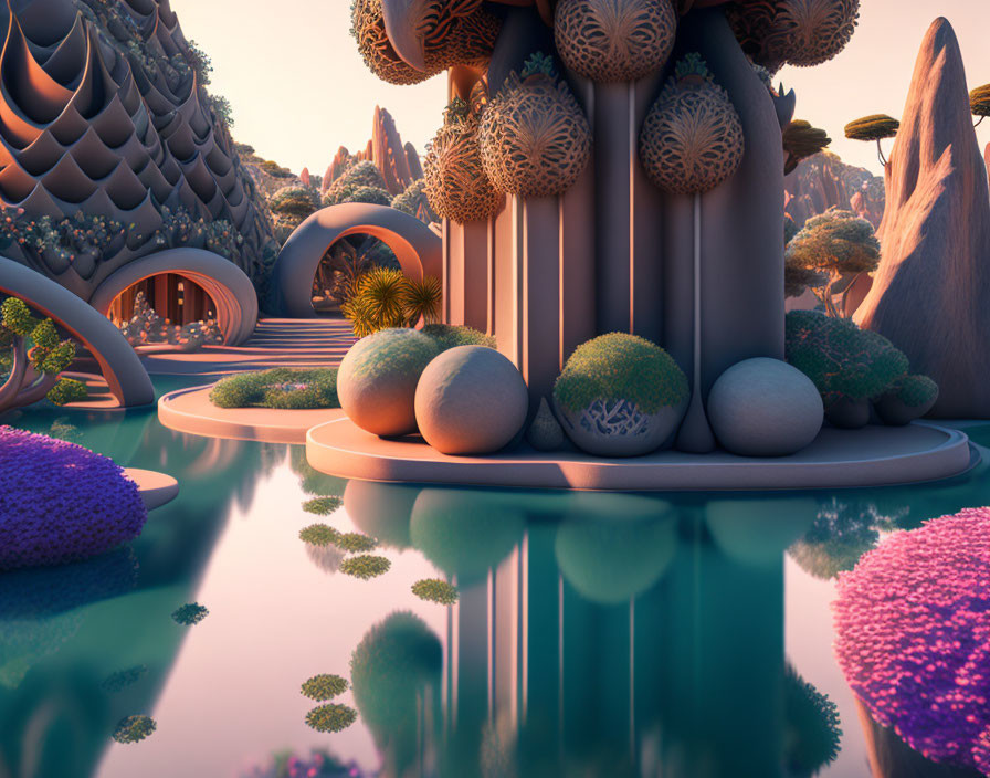 Vibrant surreal landscape with alien vegetation, unusual structures, and reflective water.