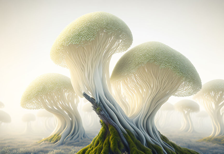 Mystical landscape with oversized tree-like mushrooms in golden mist