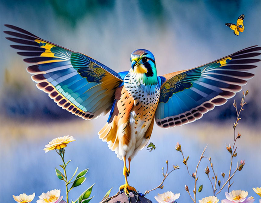 Colorful Bird with Outstretched Wings Above Flowers and Butterfly