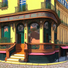 Picturesque Parisian Street Corner with Curved Building, Wrought-Iron Balcony, Green