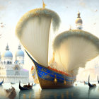 Grand shell-shaped vessel on Venetian waters with gondolas and historic architecture