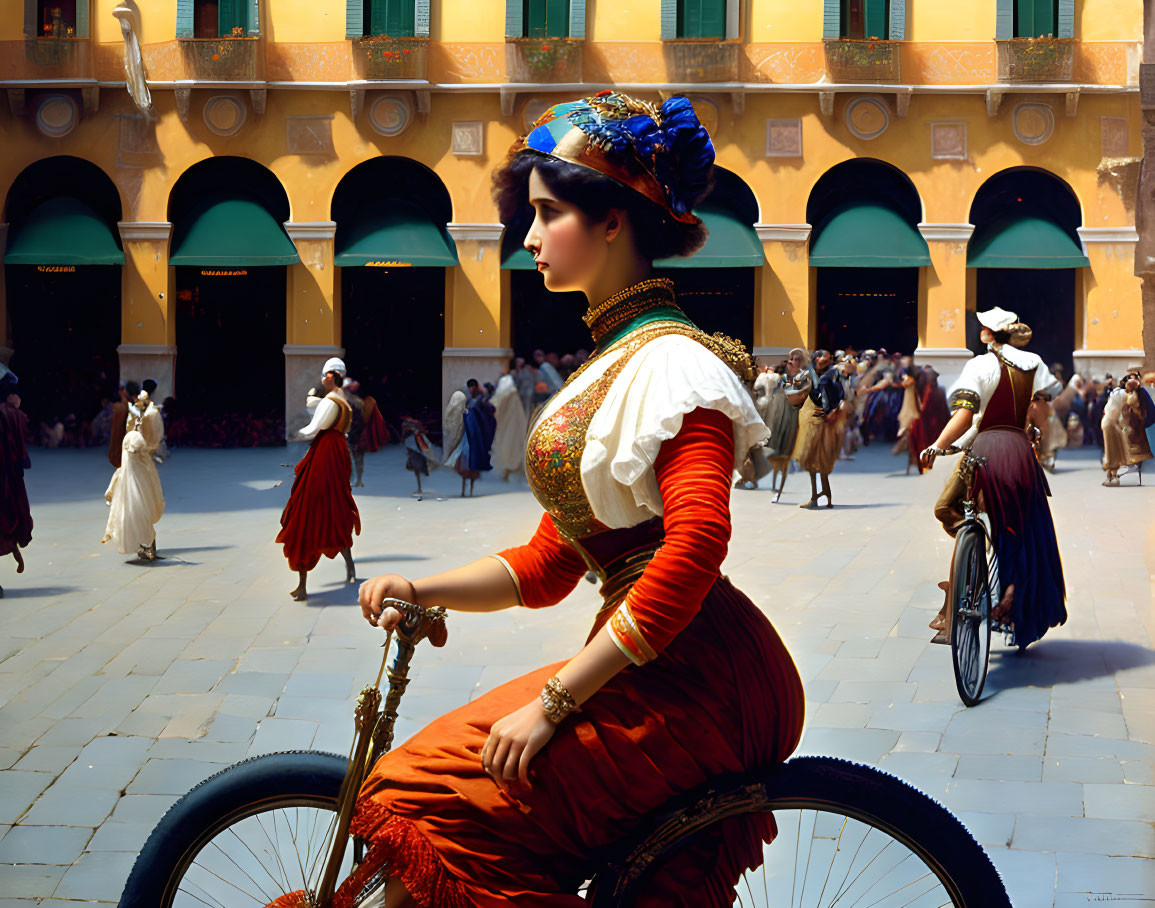 Vintage woman on bicycle in bustling courtyard with people in period costumes.