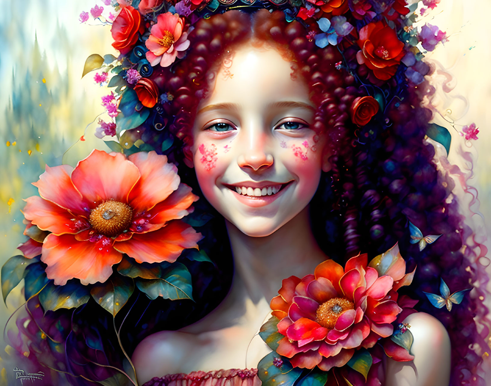 girls with red curly hair, a crown of flowers on t