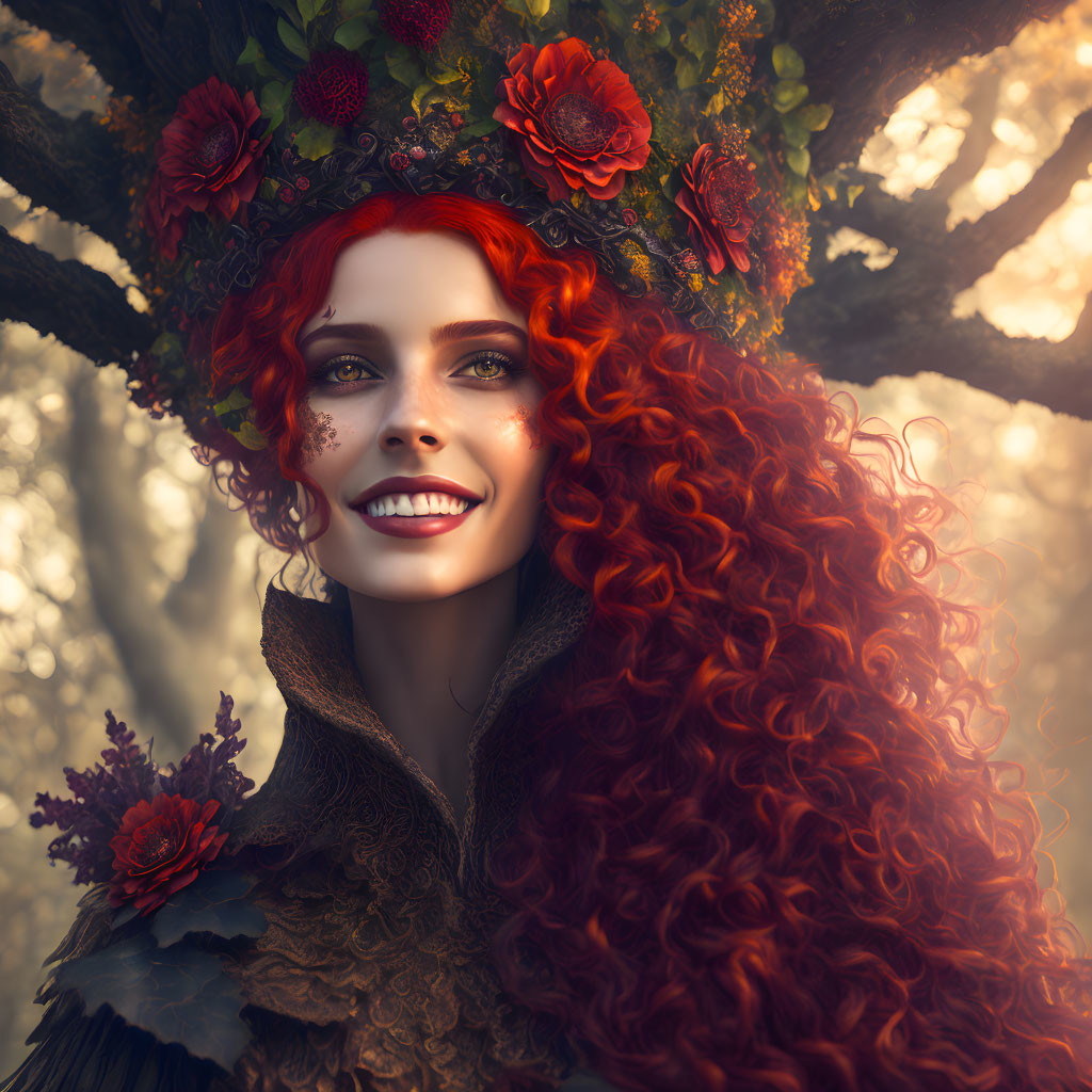 a girl with red curly hair, a crown of flowers on 