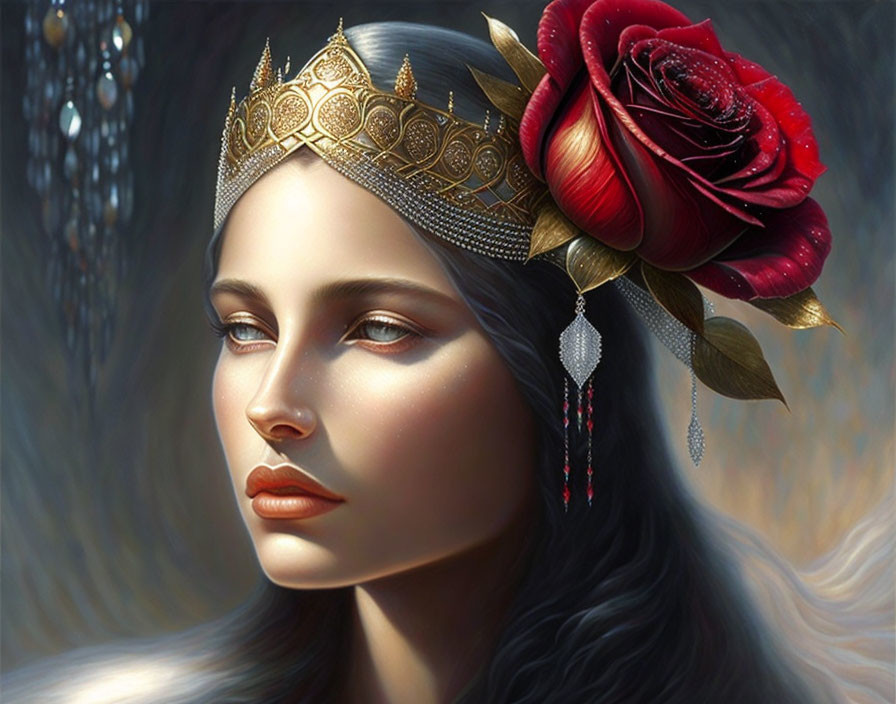 girl with a red rose in her hair on a silver backg