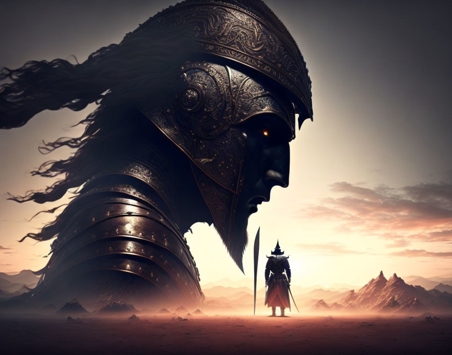 Warrior in Elaborate Armor Standing in Desert at Sunset