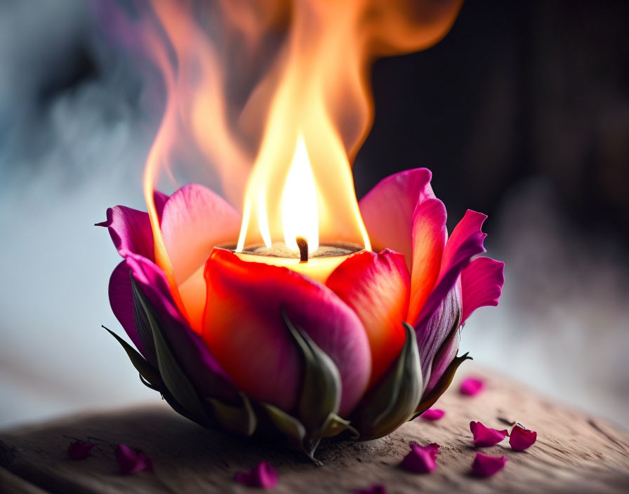 Vivid pink flower encircling lit candle with dynamic flame