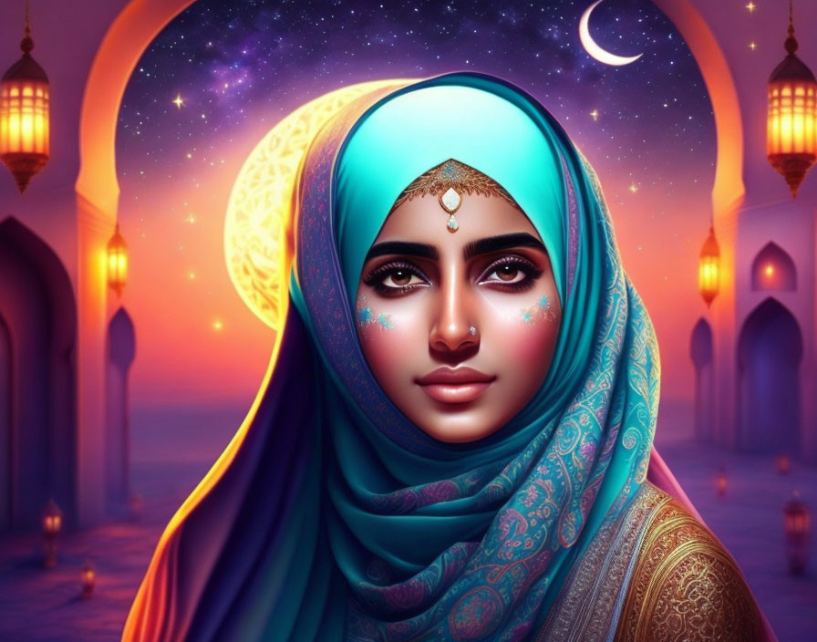 Colorful illustration of woman in blue hijab under starry sky with crescent moon and lanterns