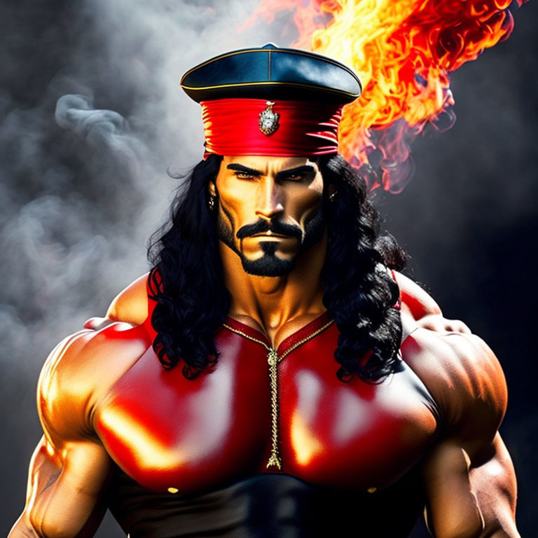 Muscular man with flamboyant mustache in red uniform and hat against fiery backdrop