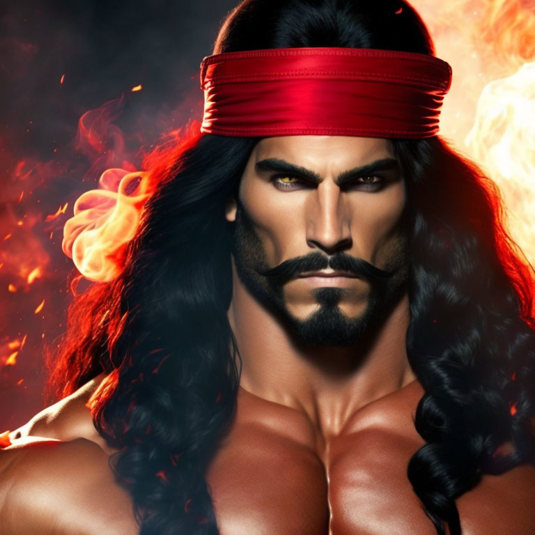 Muscular man with long hair and beard in red headband against fiery background
