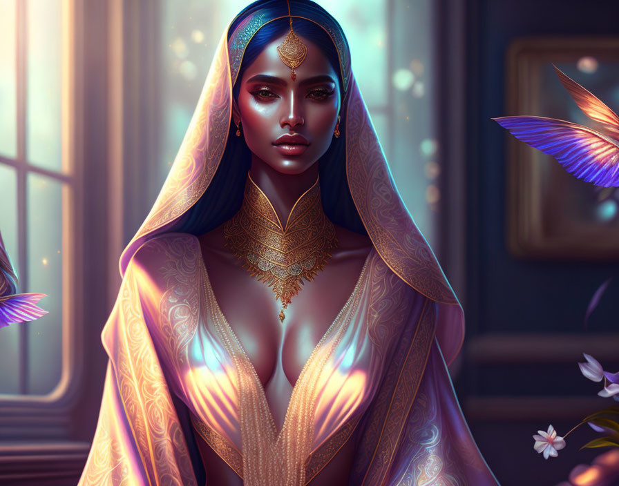 Illustrated woman with blue hair in gold jewelry and iridescent shawl against mystical background.