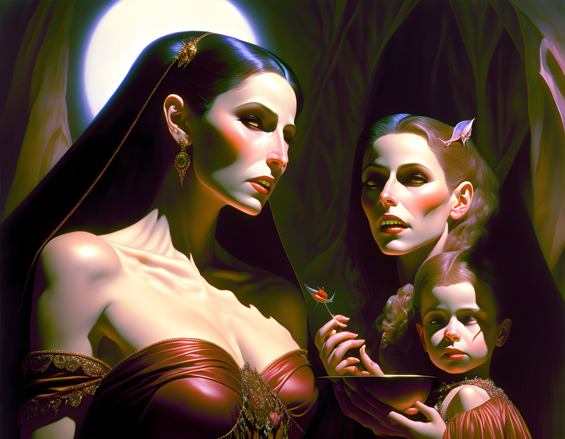 Stylized vampire women in dark attire with pale skin, one holding a rose