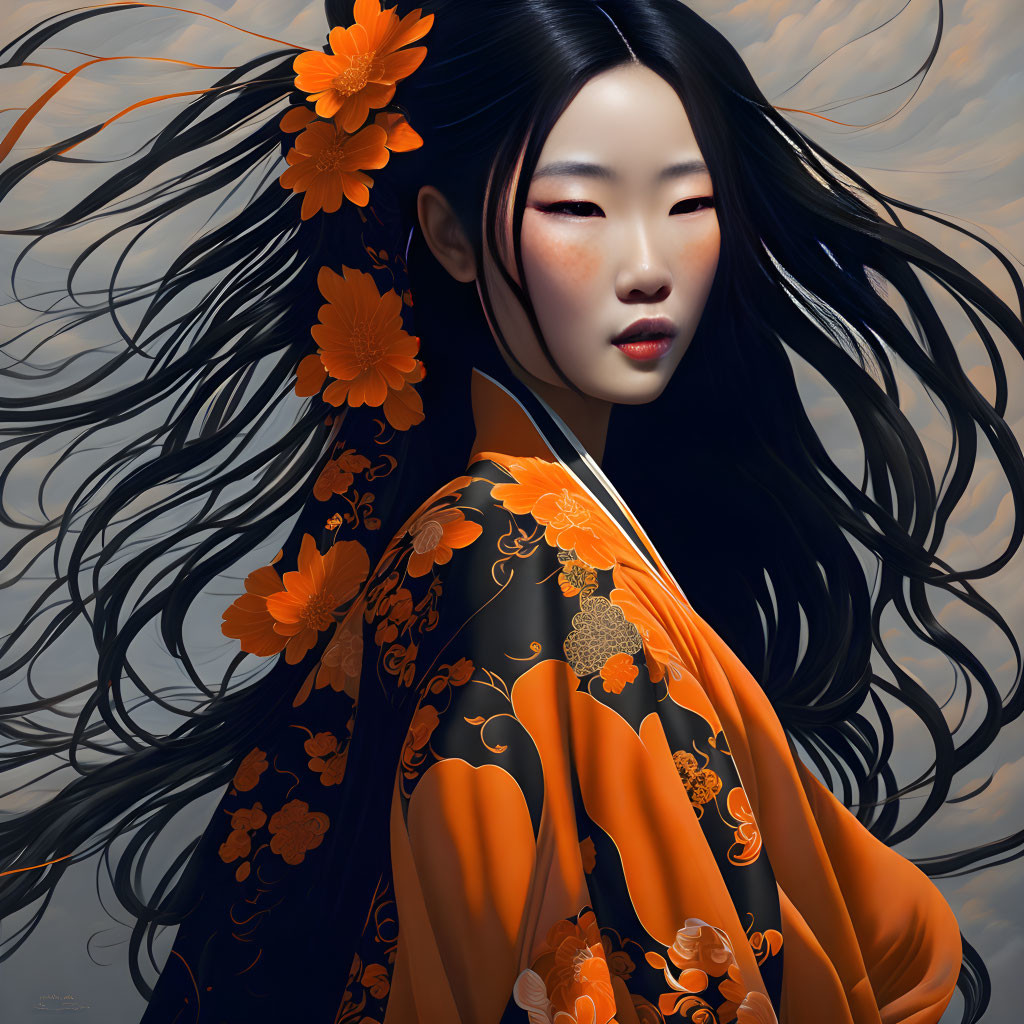 japanese woman in ornate orange and black kimono. 