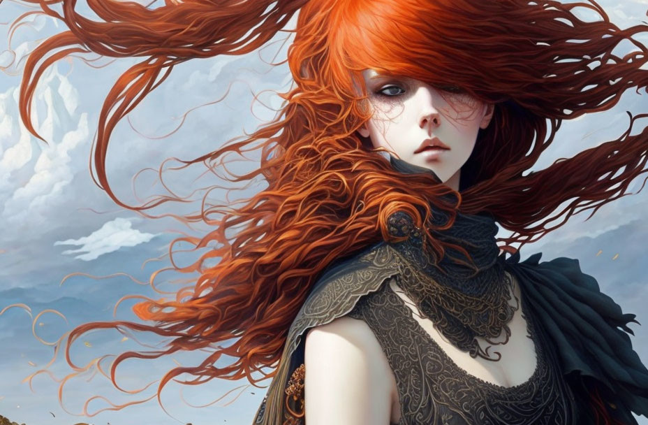 orange haired goth girl in the wind