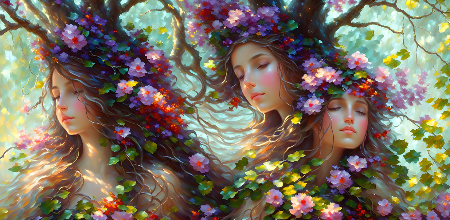 Ethereal women with floral wreaths blend into blooming tree