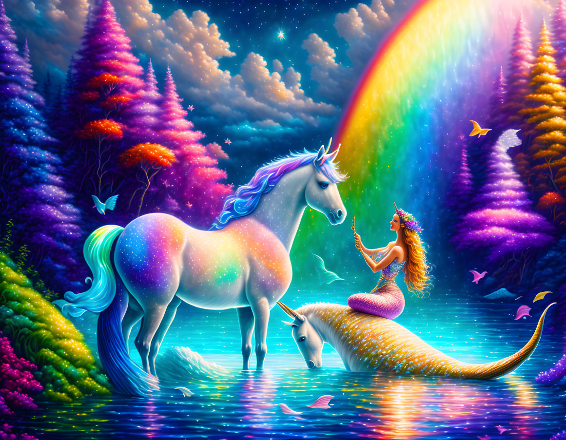 Fantasy scene: unicorn, mermaid, rainbow, lake, flora, fauna, starry sky