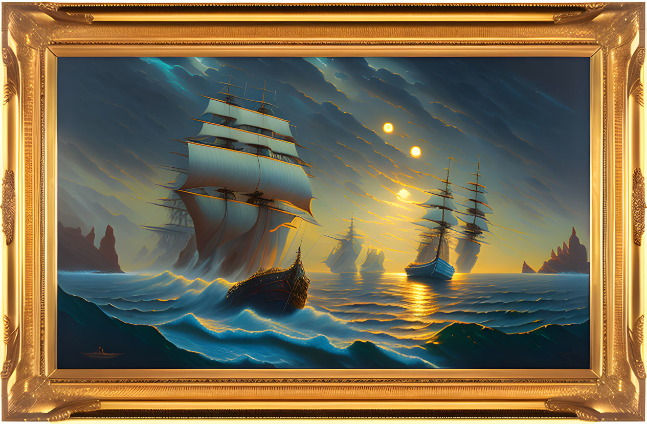Oil painting of an old ship on the ocean, in a gol