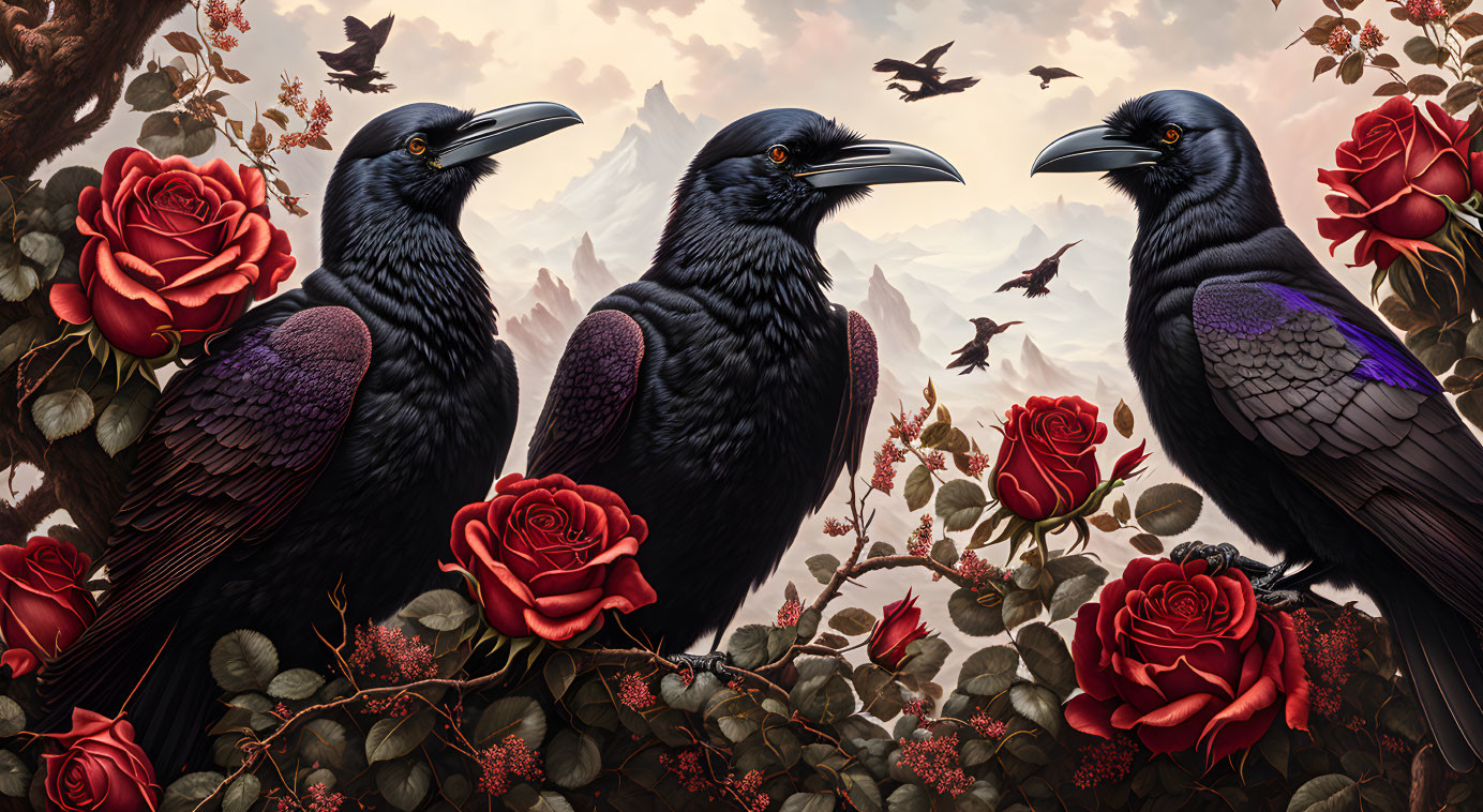  three ravens on a rose bush and log 